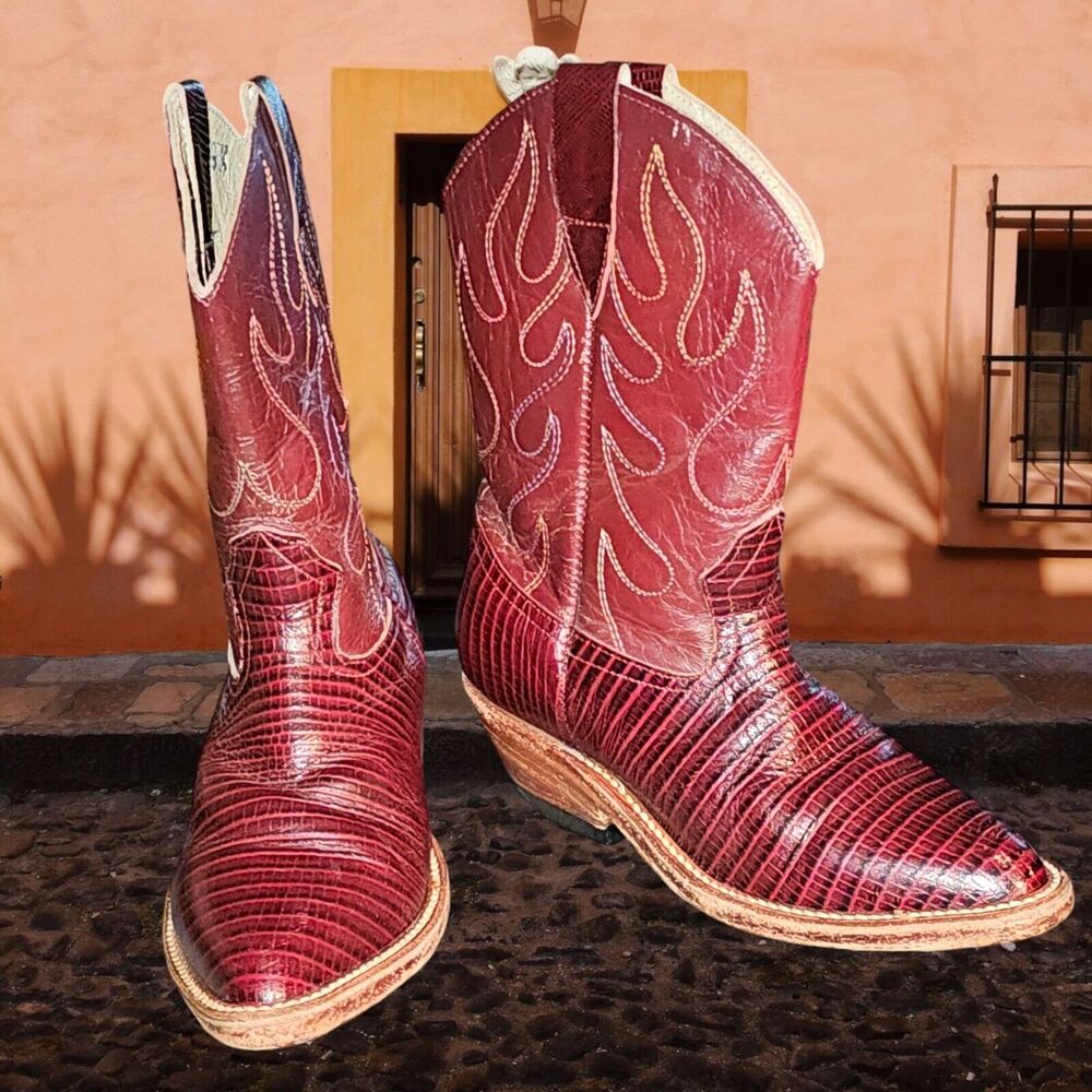 Santos Mexico Vtg USA Youth Sz 13.5 USA Burgundy Lizard  Cowboy Leather Boot